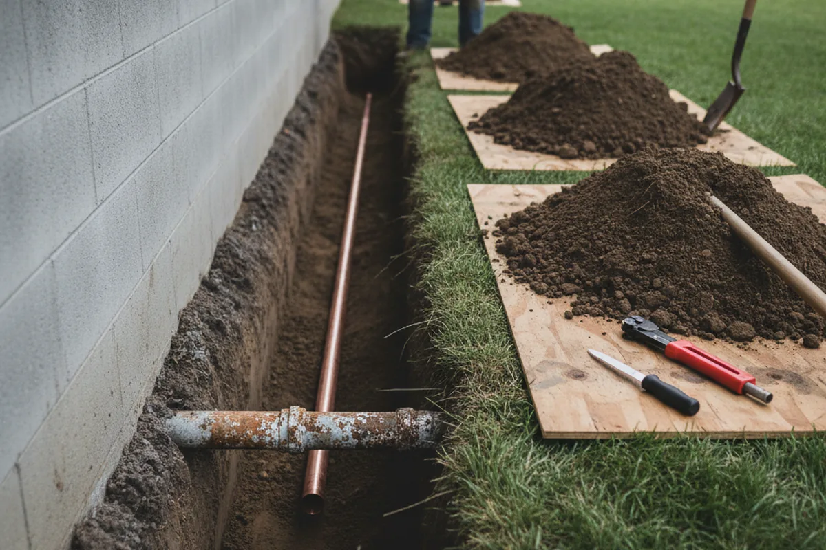 Excavated water line trench during Sewer Line Repair in Mize